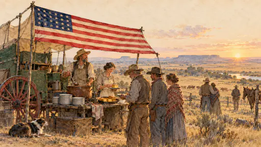 Chuck wagon awning sewn as a flag shading adult cooks serving beans and cornbread. Thirteen stripes and a neat canton work honest.