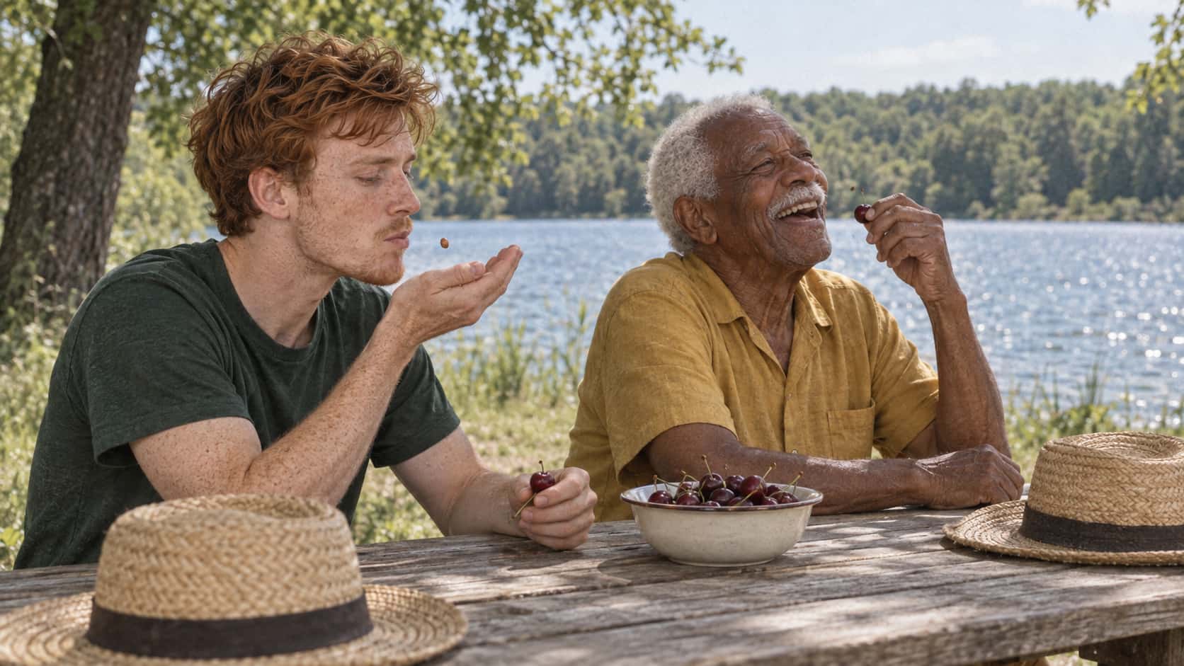 A slim man with tousled copper-red hair spits a cherry stone into his hand beside a tall elderly man in a mustard shirt laughing with his head back over a bowl of cherries at a plain wooden table beside a sparkling lake in warm midday light.