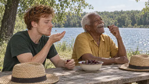 A slim man with tousled copper-red hair spits a cherry stone into his hand beside a tall elderly man in a mustard shirt laughing with his head back over a bowl of cherries at a plain wooden table beside a sparkling lake in warm midday light.