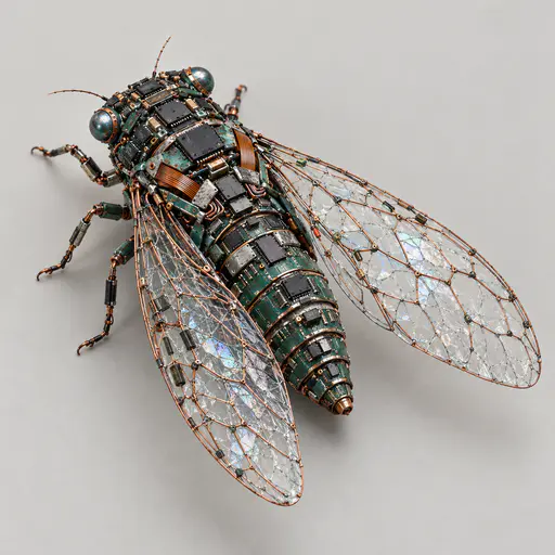 A single cicada with capacitor eyes, a segmented circuit board body and four wings of cracked screen glass with wire veins stands on a plain pale studio ground.
