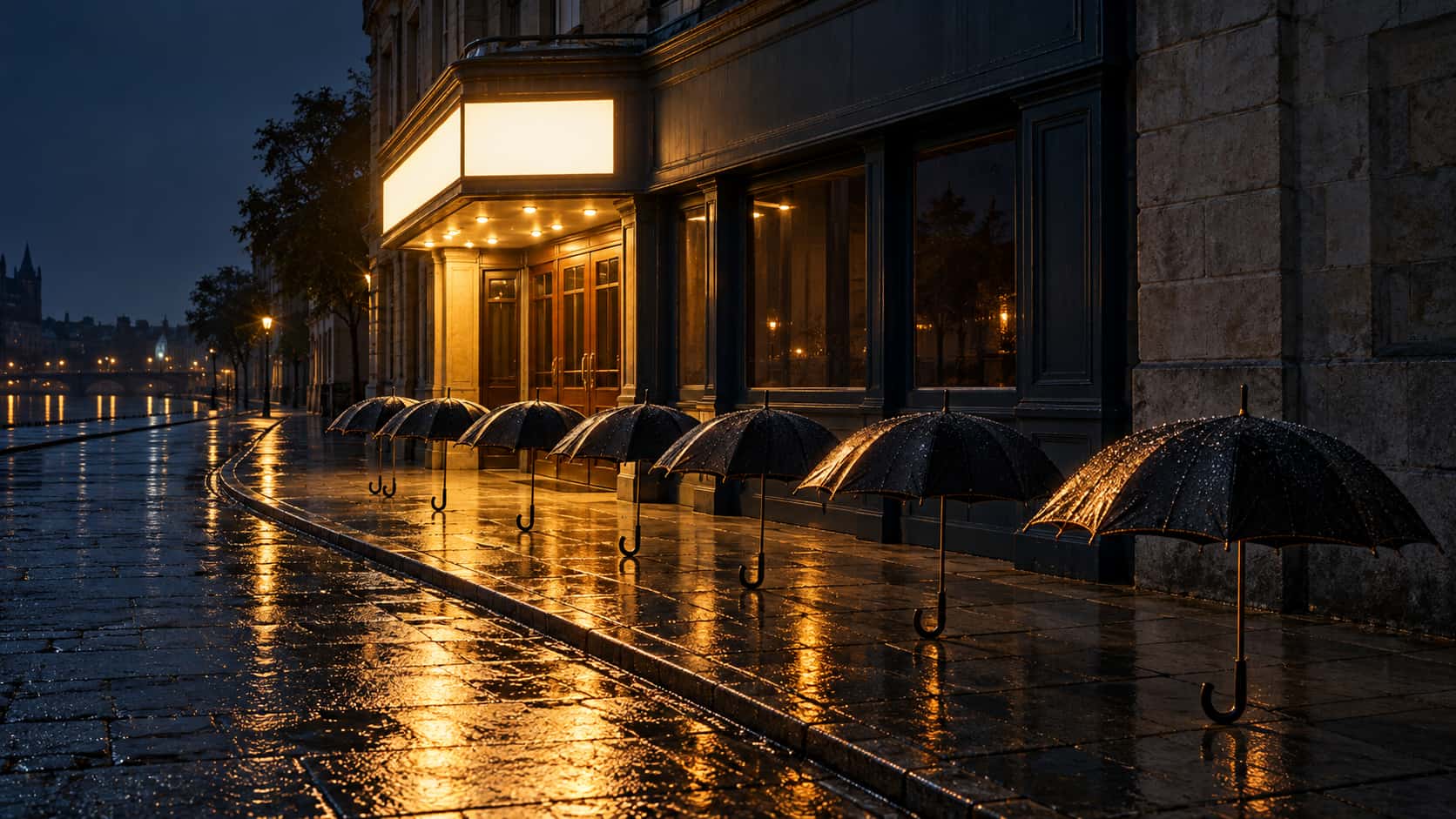 Cinematic night photograph for a spooky Halloween cinema background: seven open black umbrellas stand upright in an orderly queue on wet flagstones with nobody beneath them, outside a small unbranded corner cinema whose blank glowing marquee panel casts the only warm amber pool under blue-grey shadows. The quiet upper-left sky is the declared copy zone; the umbrella line and marquee light stay readable at thumbnail size.