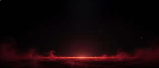 21:9 cinematic background with deep charcoal-to-black expanse, a low volumetric dark-crimson fog pool along the bottom, subtle horizon glow, soft grain, and sparse ember particles.