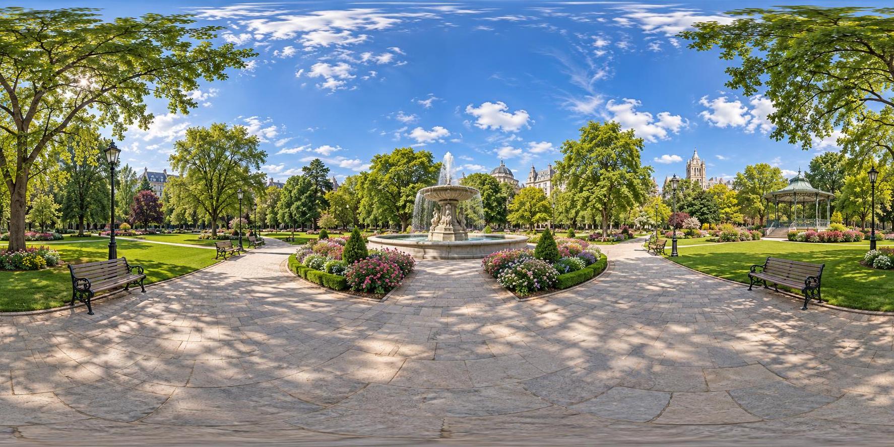 A full 360 degree equirectangular panorama from a central path in a city park with a stone fountain, tree lined avenues, benches, flowerbeds and a bandstand in the distance.