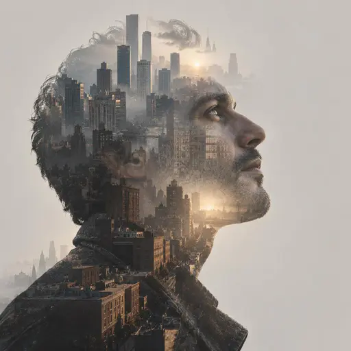 Double exposure portrait of an upturned adult in right-facing profile filled with a hazy city skyline: towers rise through the crown, window grids shade the cheek, and the jaw dissolves into a low-sun street horizon on a plain warm-grey field.