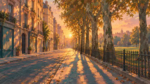 A city street beside a park with old apartment buildings, a row of plane trees rimmed in gold and long teal shadows across the pavement at golden hour.