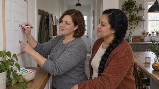 A woman with a chin-length auburn bob in a grey sweater draws a simple coloured dot with a marker on a blank wall calendar grid while a woman with a long black braid in a rust cardigan points to another square beside a stack of blank colour stickers in soft morning light.