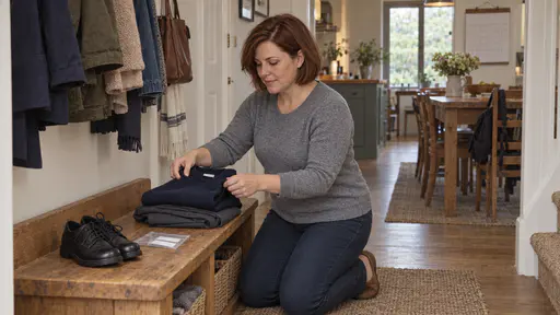 A woman with a chin-length auburn bob in a grey sweater kneels at a hallway coat bench folding a freshly ironed plain navy school jumper and grey trousers beside a new pair of black school shoes with tied laces and a bag of blank name tapes.