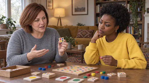 A woman with a chin-length auburn bob holds up a wooden tile with coloured dots between finger and thumb while explaining with an open hand to a young woman with a natural afro who watches closely with a counter in her hand at a table in warm lamplight.
