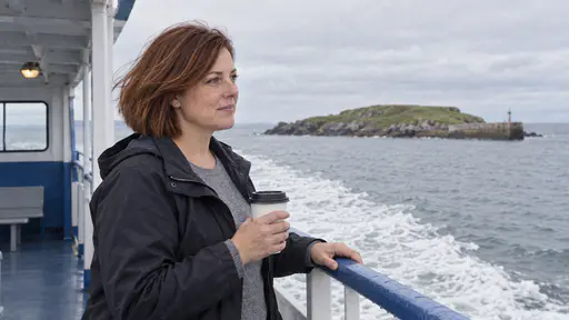 A woman with a chin-length auburn bob stands at the rail of a small blue and white ferry holding a coffee cup with her hair lifted by the breeze and watches a green island come into view across calm water.