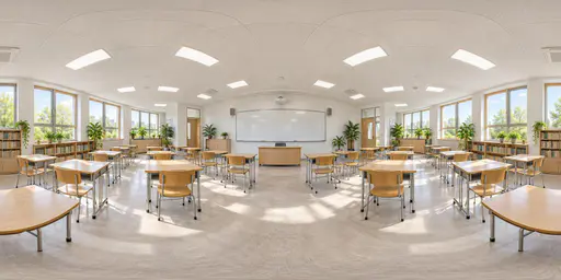 A full 360 degree equirectangular panorama from the centre of a bright modern classroom with rows of wooden desks, a whiteboard wall, tall windows with daylight and shelves of books.