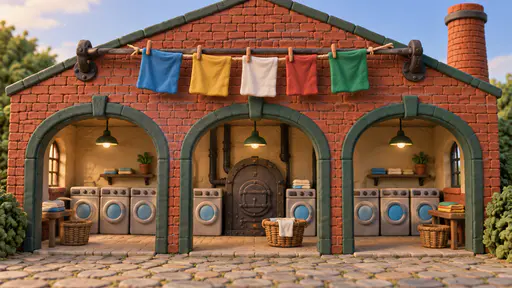 A clay miniature of a red brick boiler house with three green-framed arched bays of front-loading washing machines, an iron boiler door in the middle bay, five coloured cloths on a line between two pipes and a tall chimney at the right.