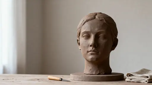 A matte clay sculpture sits in soft, diffuse shadow within a controlled 16:9 studio frame, emphasizing warm neutral tones and tactile surface detail for a calm, minimal still life composition.