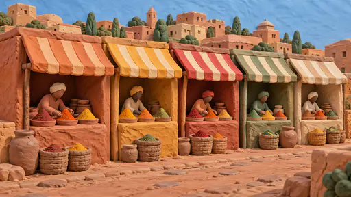 Five slab-built clay market stalls with striped awnings in different colours, a small faceless clay vendor in each, cone mounds of red, yellow, orange and green spices, baskets and jars on the lane, clay rooftops behind.