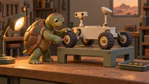 A stop-motion clay tortoise uses a copper wrench to fit the fourth wheel onto a small cream moon rover at a warm workshop bench.
