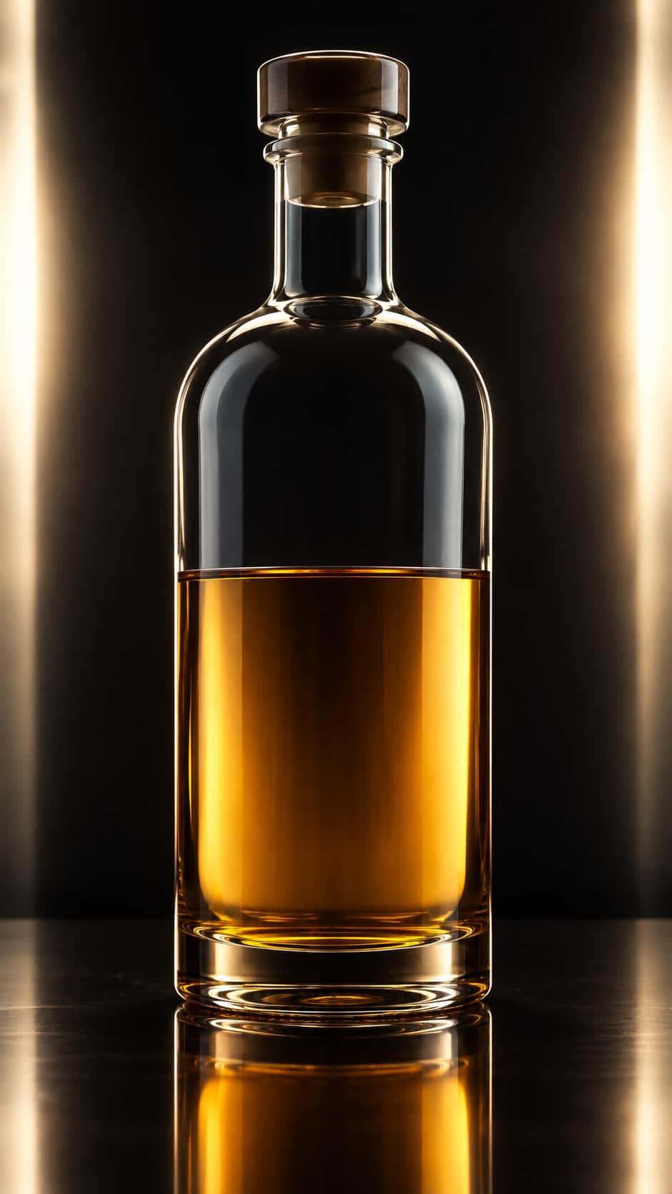 A tall clear glass bottle with a stoppered neck stands half filled with glowing amber liquid traced by luminous rim lines against near-black.