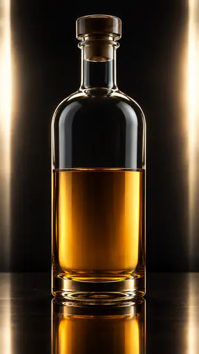 A tall clear glass bottle with a stoppered neck stands half filled with glowing amber liquid traced by luminous rim lines against near-black.