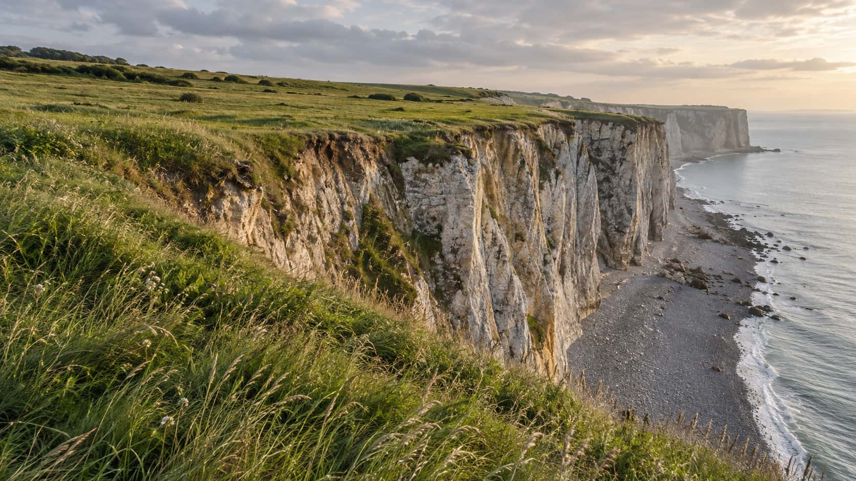 A cliff-top meadow of long green grass drops over a sheer edge to a grey shingle shore far below with the cliff line centred across the frame under diffuse overcast light.