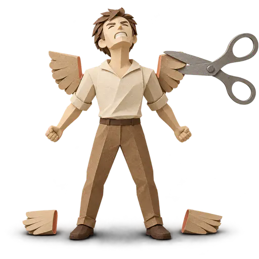 Clipping someone's wings: a paper adult figure strains to spread two broad paper wings cut short at straight trimmed edges while large blunt craft scissors finish cutting the tip away and the detached paper tips lie below — restricting another's independence or potential.
