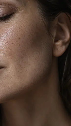 A fictional adult woman turned three quarters shows her cheek and jaw in a tight side lit photograph with visible pores, fine laugh lines and faint freckles.