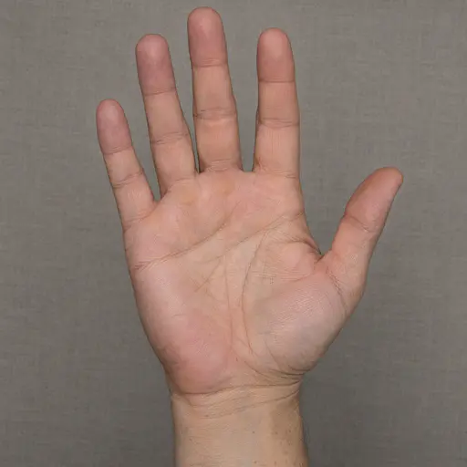 A fictional adult open palm fills the frame in a cross polarized photograph showing palmar creases, ridge lines, soft calluses and faint freckles near the wrist.