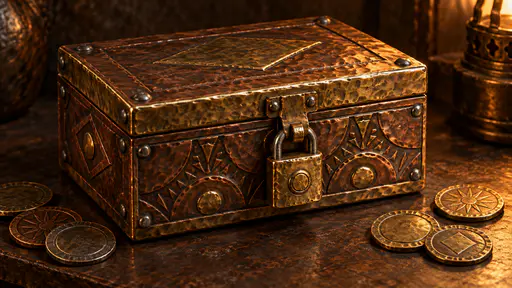 A closed rectangular cash box with a hinged lid and small padlock sits among coins pressed in relief, chased in copper and brass hammered metal.