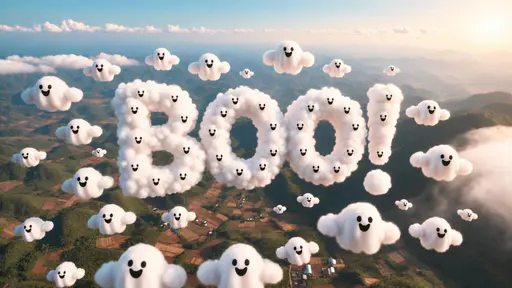 Giant white cloud letters spelling BOO! hover over forested mountains and patchwork fields, surrounded by smiling rounded cloud ghosts under a pale blue sky and warm sunlight from the upper right.