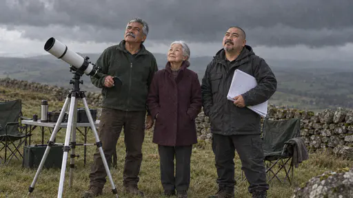 Three people stand close together on a hilltop field looking up at heavy rolling cloud with the first raindrops in the air as a silver-haired man holds a lens cap, a small elderly woman pulls up her collar and a shaven-headed man folds a chart.