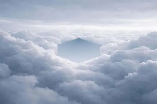 A minimalist landscape photograph of clouds forming a subtle geometric gap in the sky, composed for a 3:2 wallpaper with calm, meditative mood.