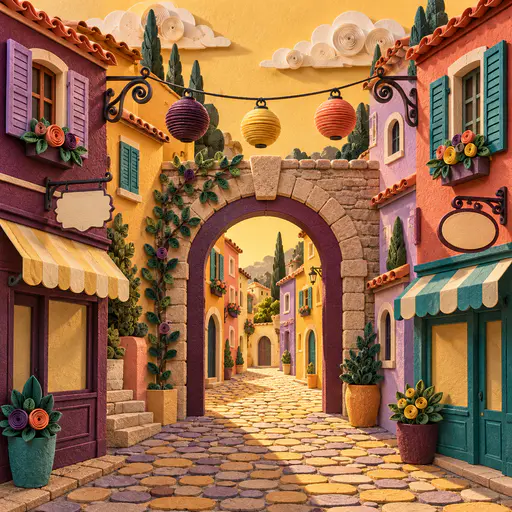 A stone archway frames a cobbled lane with stacked cutout houses in plum, coral, teal and butter yellow and spiral lamps overhead in quilled paper relief.