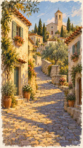 A cobbled village lane climbs between whitewashed cottages with terracotta roofs and flower pots past a stone well to a church tower in golden light.