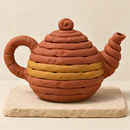 A round terracotta teapot of stacked clay coils with a spiral spout, coiled handle and lid knob, a mustard coil band, on a cream clay slab.