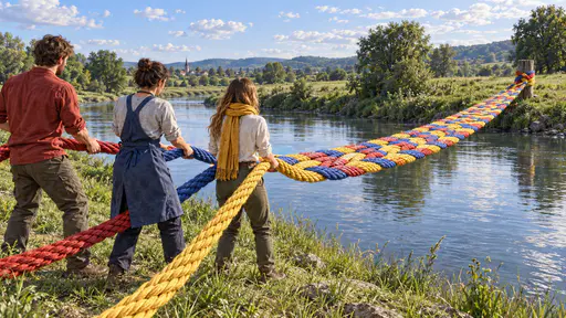 Collaboration braids a stronger bridge: Three people on a grassy riverbank hold rust-red, blue and yellow ropes that plait together into a single braided footbridge spanning the water to the far bank. Distinct contributions combine into one shared support.