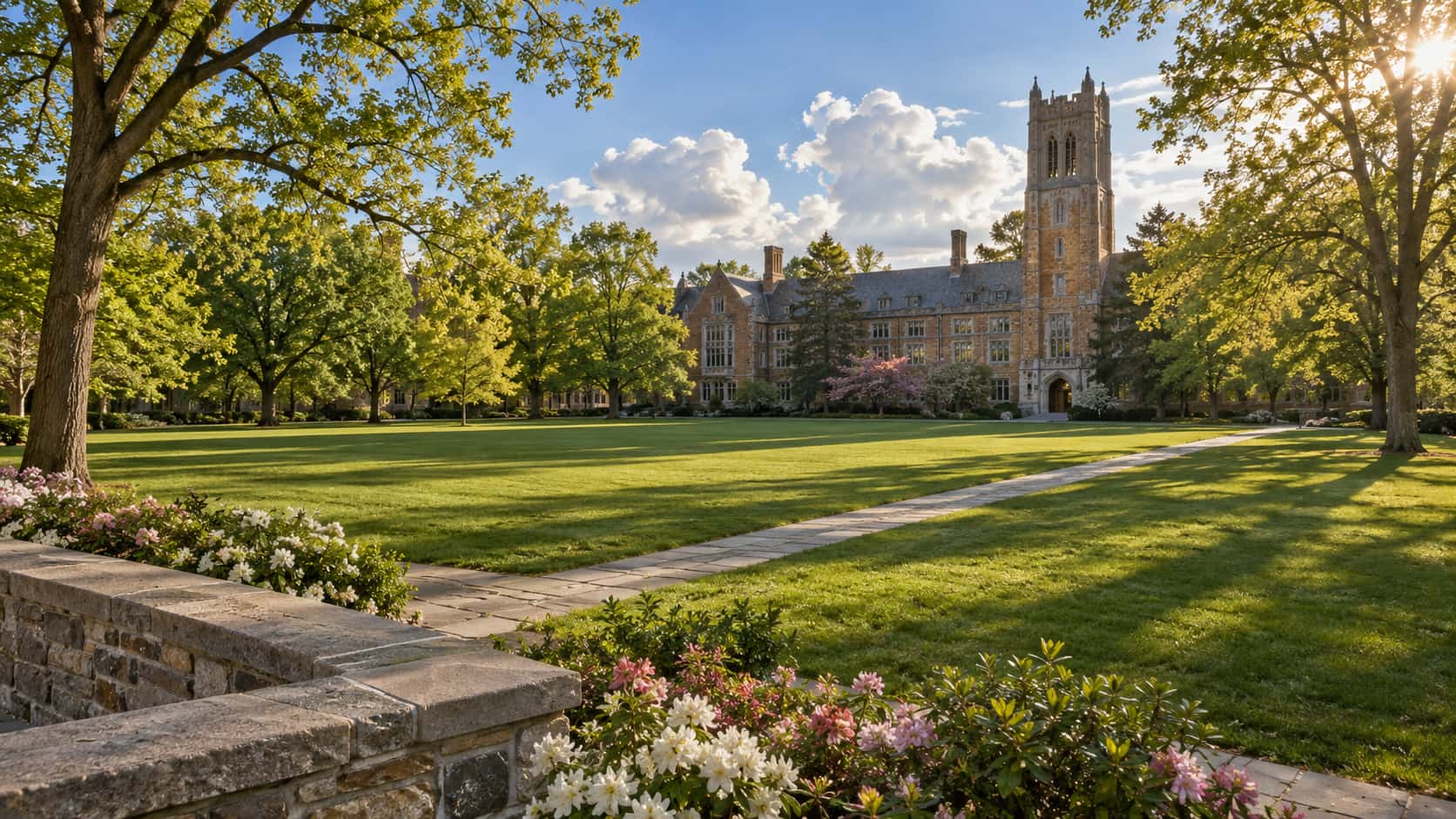 A wide spring college campus green with a diagonal stone path, mature leafy trees and a brick hall with a plain tower in warm afternoon sun.