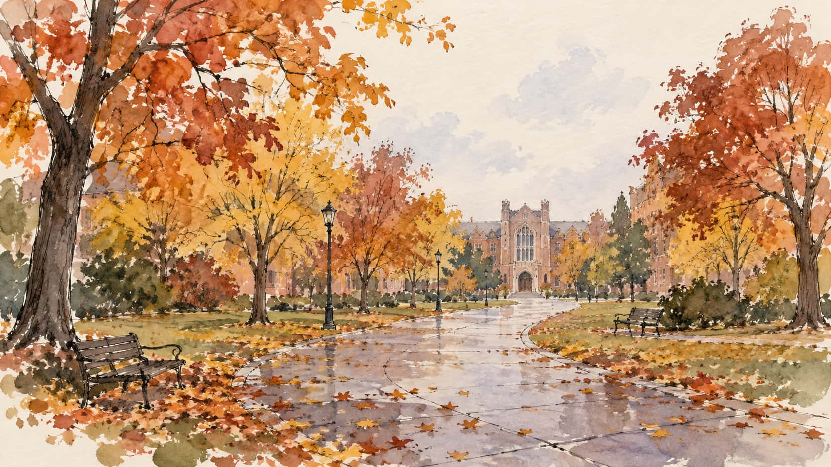 A long college campus walkway lined with russet and golden autumn trees curves toward a brick hall in loose ink and watercolor washes.