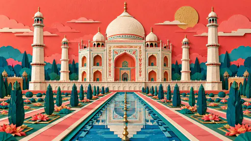 A colorful layered paper sculpture of the Taj Mahal with its central dome, four minarets and arched entrance built from stacked cut paper in white, coral, teal and gold above a layered blue paper reflecting pool.