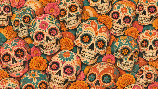 A repeating pattern of colorful stylized skulls with floral and geometric decoration.
