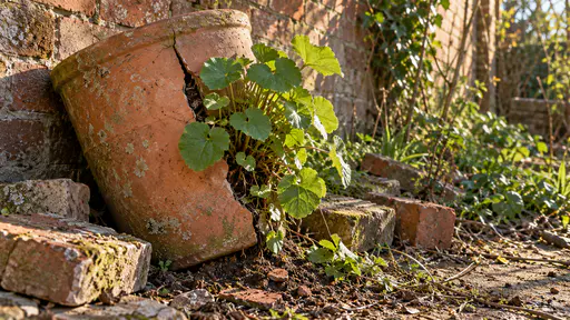 A vigorous clump of coltsfoot with heart-shaped leaves pushes out through a long crack in the side of an unused tilted terracotta planter against a brick wall with bare soil spilling at its base in warm afternoon light.