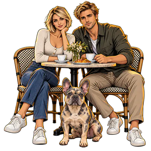 Comic book style cutout of a couple and their French bulldog at a café table on a transparent background