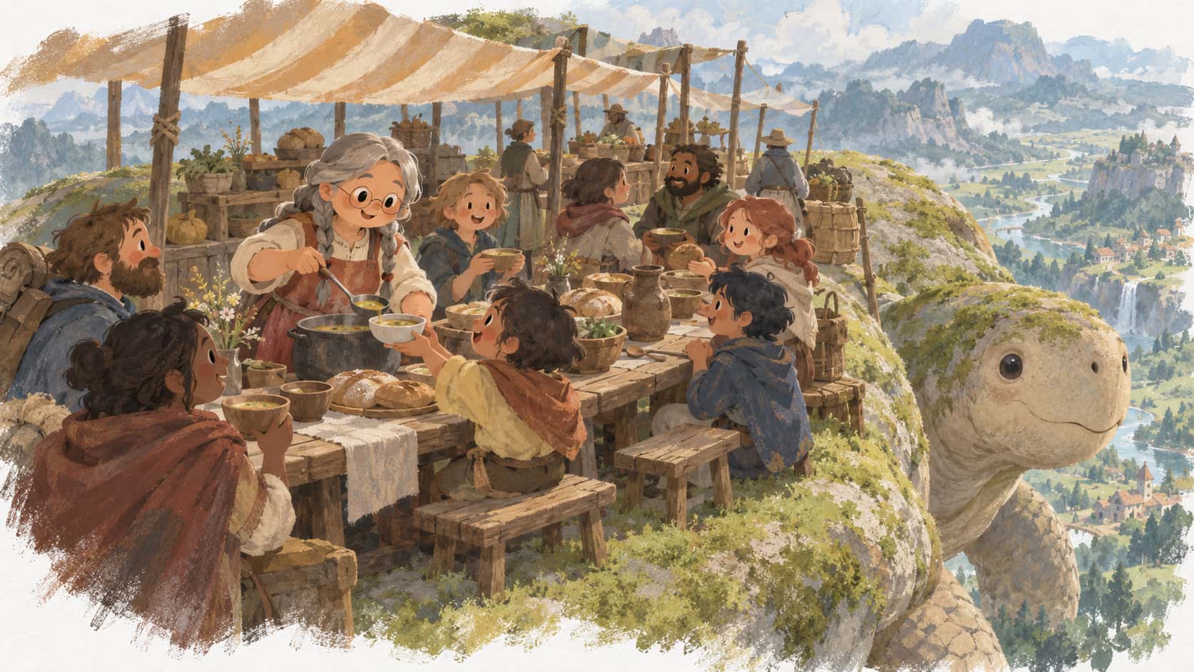 A long communal table is laid under a striped awning on the shell of a vast gentle moss-backed creature with soup bowls, round loaves and a jug as passengers and stallholders pass dishes and laugh and a grey-braided woman ladles soup into a child's bowl, a green valley far below.