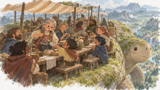 A long communal table is laid under a striped awning on the shell of a vast gentle moss-backed creature with soup bowls, round loaves and a jug as passengers and stallholders pass dishes and laugh and a grey-braided woman ladles soup into a child's bowl, a green valley far below.