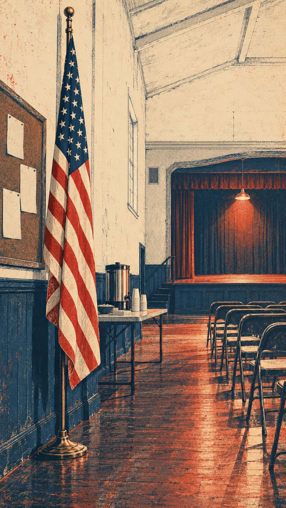 A large American flag stands on a floor stand in an empty community hall with folding chairs pushed together and a coffee urn on a long table under a single light in a two ink poster.