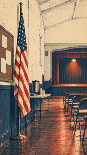 A large American flag stands on a floor stand in an empty community hall with folding chairs pushed together and a coffee urn on a long table under a single light in a two ink poster.