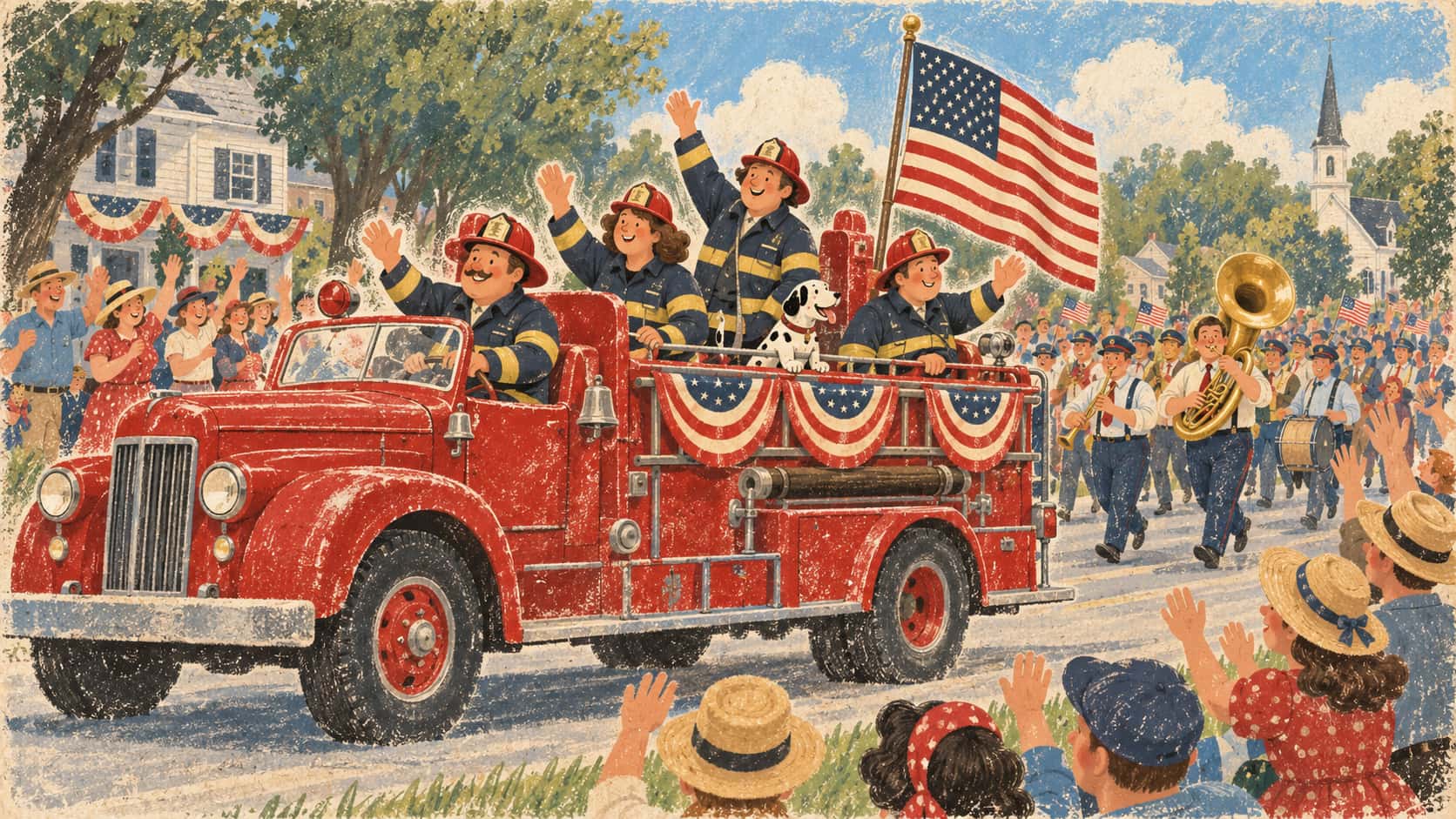 Fire truck in a daytime parade wearing flag bunting while firefighters wave to crowds. Thirteen stripes and a neat canton honour the crew.