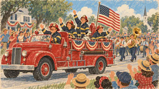 Fire truck in a daytime parade wearing flag bunting while firefighters wave to crowds. Thirteen stripes and a neat canton honour the crew.
