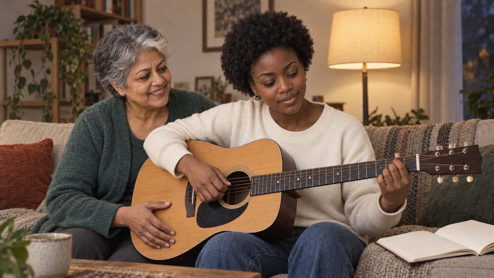 A young woman with a short natural afro sits on a sofa pressing one chord on a plain acoustic guitar while a South Asian woman with short silver-grey hair and a white streak sits beside her steadying the guitar body with one hand and smiling in warm evening lamp light.