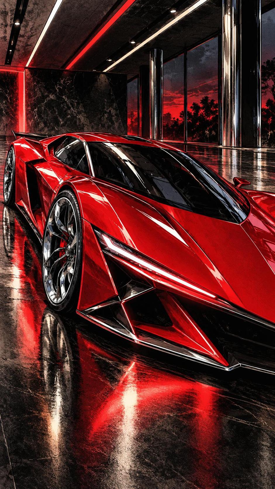 A sleek low futuristic concept sports car with sharp aerodynamic lines and glowing light signatures sits on a polished showroom floor with soft reflections.