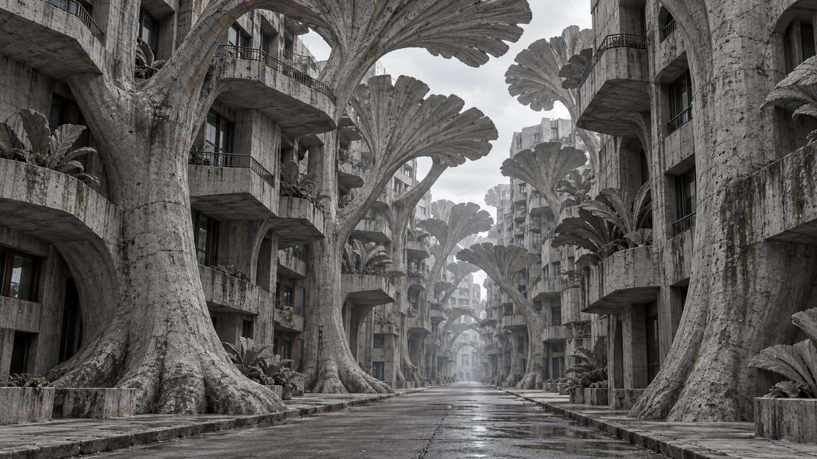 Concrete jungle: a street-level architectural fantasy where weathered grey concrete trunks rise from the pavement and branch into apartment towers with broad pitted concrete leaves, all one continuous masonry structure under flat overcast daylight.