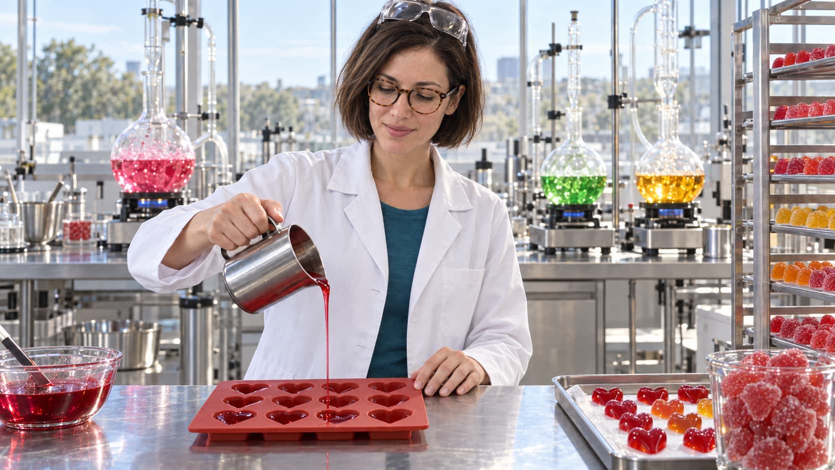 A woman with a dark bob and round tortoiseshell glasses in a white lab coat pours red syrup from a steel pitcher into a tray of heart-shaped molds at a stainless bench, flasks of pink, green and yellow syrup and a rack of gummy sweets behind her.