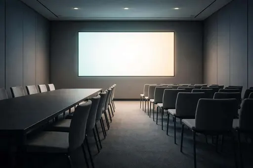 Conference room interior photographed as a clean architectural photograph with empty chairs and a glowing screen, composed for a 3:2 wallpaper or poster format.