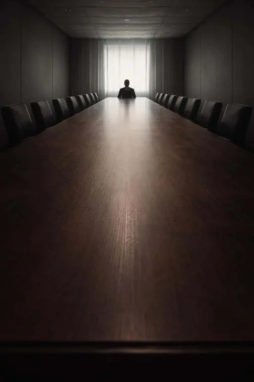 Long conference table stretches toward the viewer in a 2:3 portrait crop, one solitary person sits at the far end, captured as an editorial photography scene for poster-cover use.
